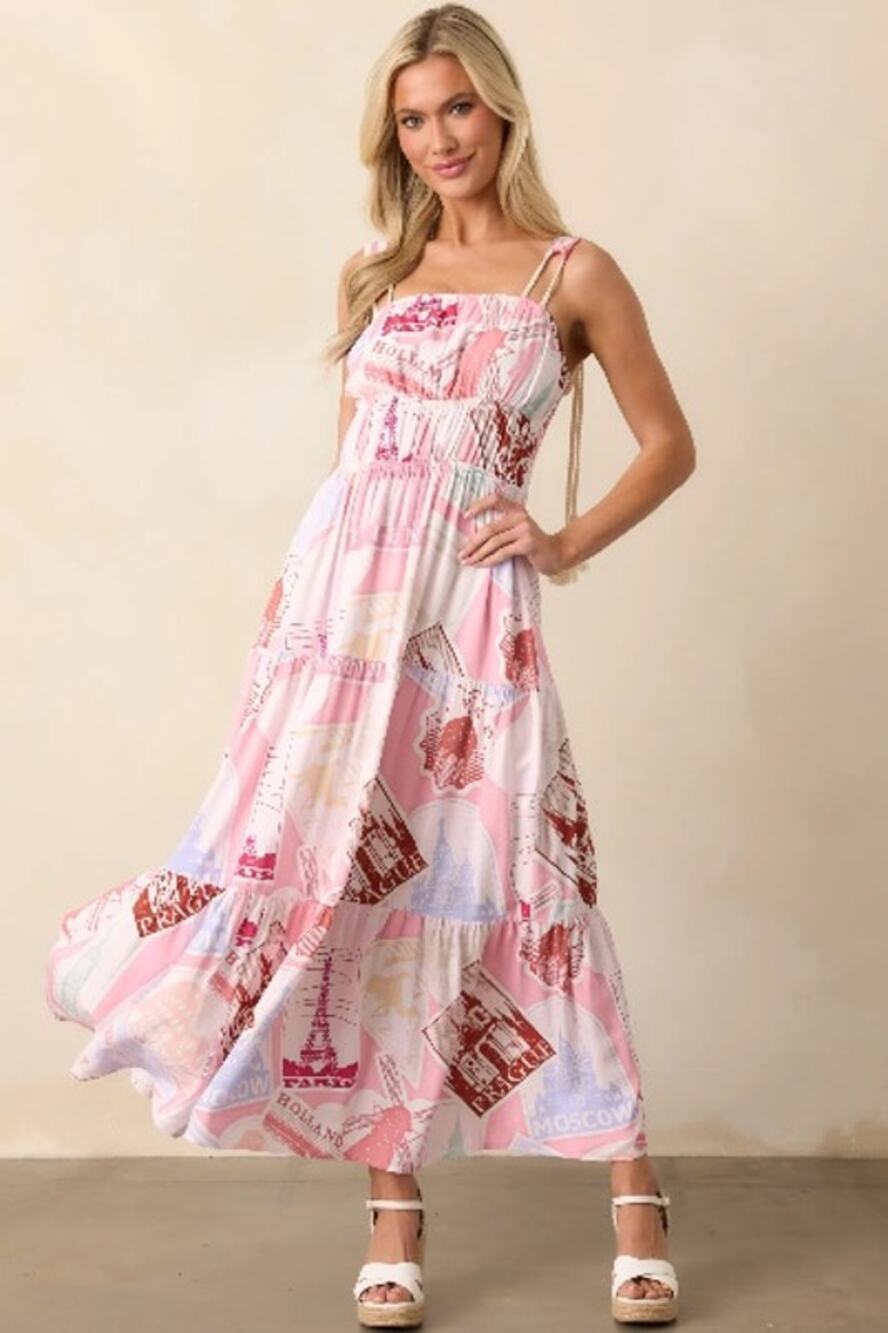 NWT Prosperina Pink ADAIR PASSPORT PRINT PINK MIDI DRESS XS 0 2 Tie Strap $188